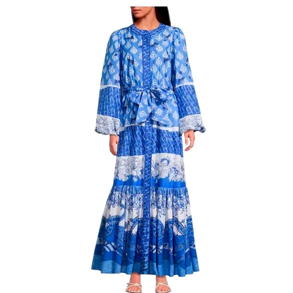 A Loves A NWT SZ Large Blue White Porcelain Bird Print Maxi long sleeve dress